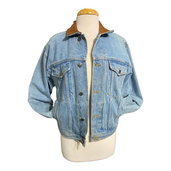 London Fog Jackets & Blazers - London Fog, Blue Denim Jacket with Brown leather Collar